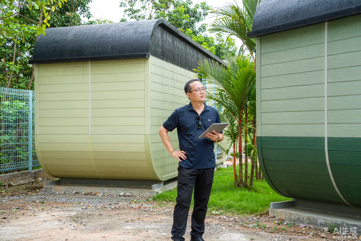 Facility manager holding a tablet showing a status dashboard outside two capsule homes
