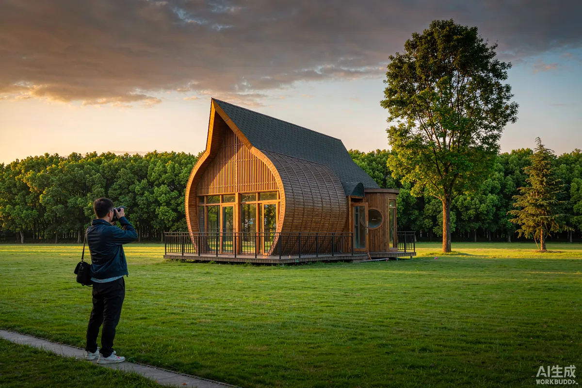 Photographer with a tripod shooting the exterior of a capsule home at golden hour