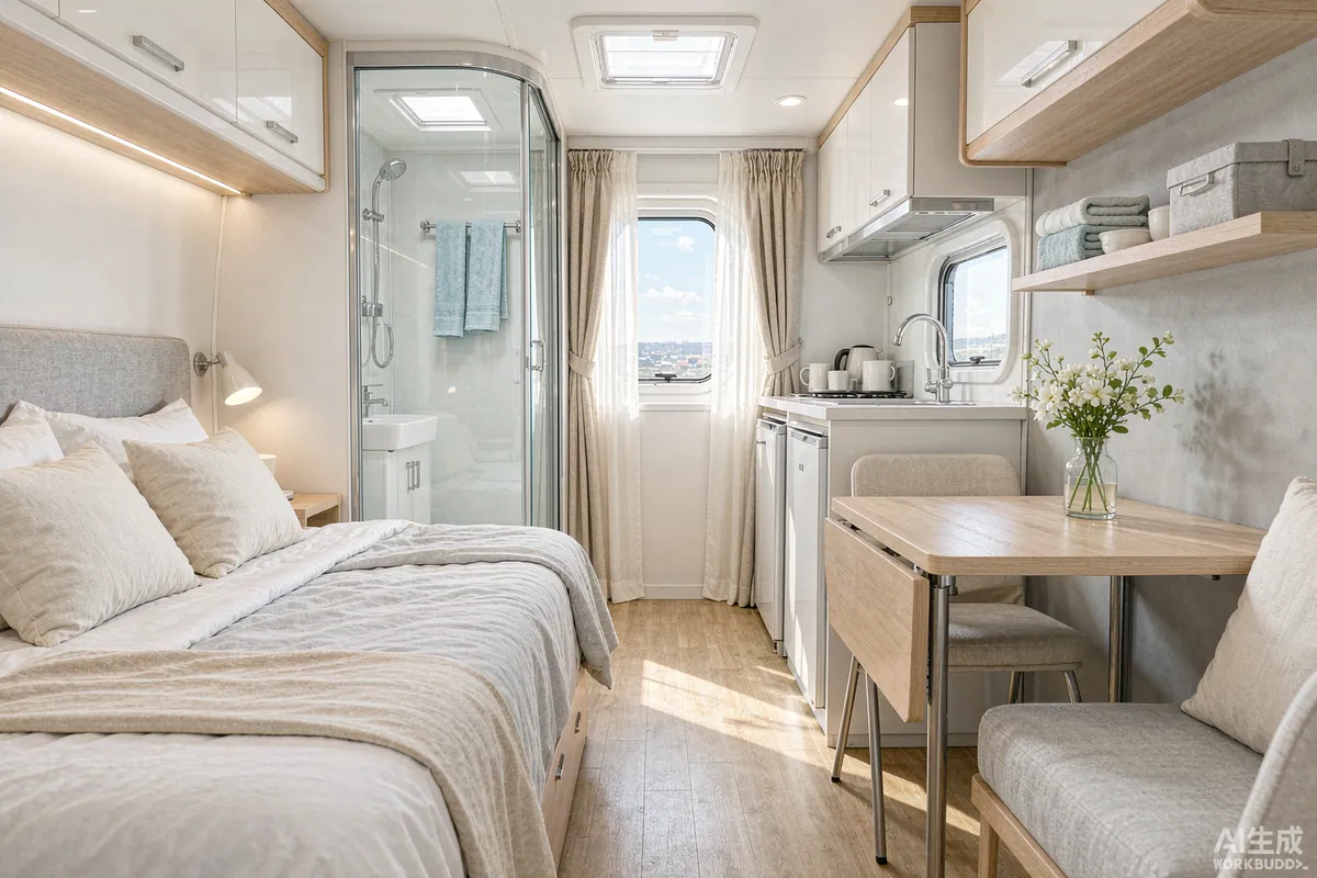 Bright interior of a capsule home staged for a rental listing with fresh linens