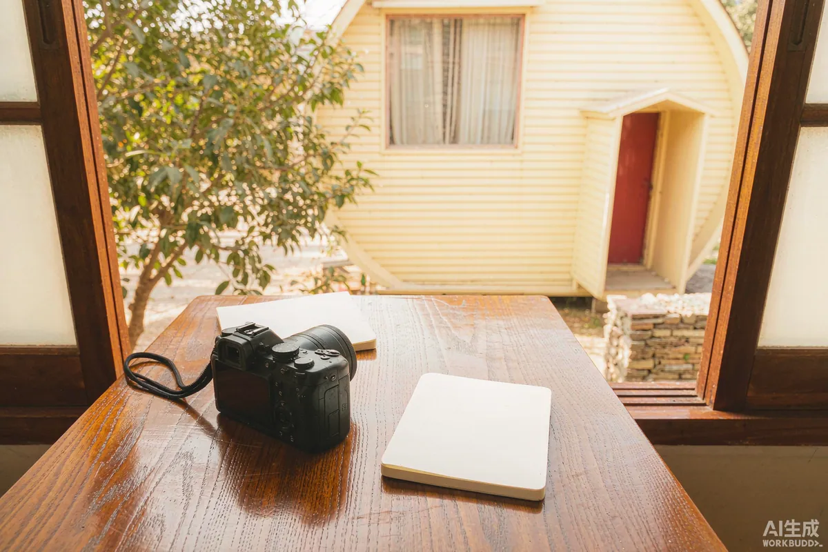Camera and notebook on a timber table beside a window overlooking a capsule home