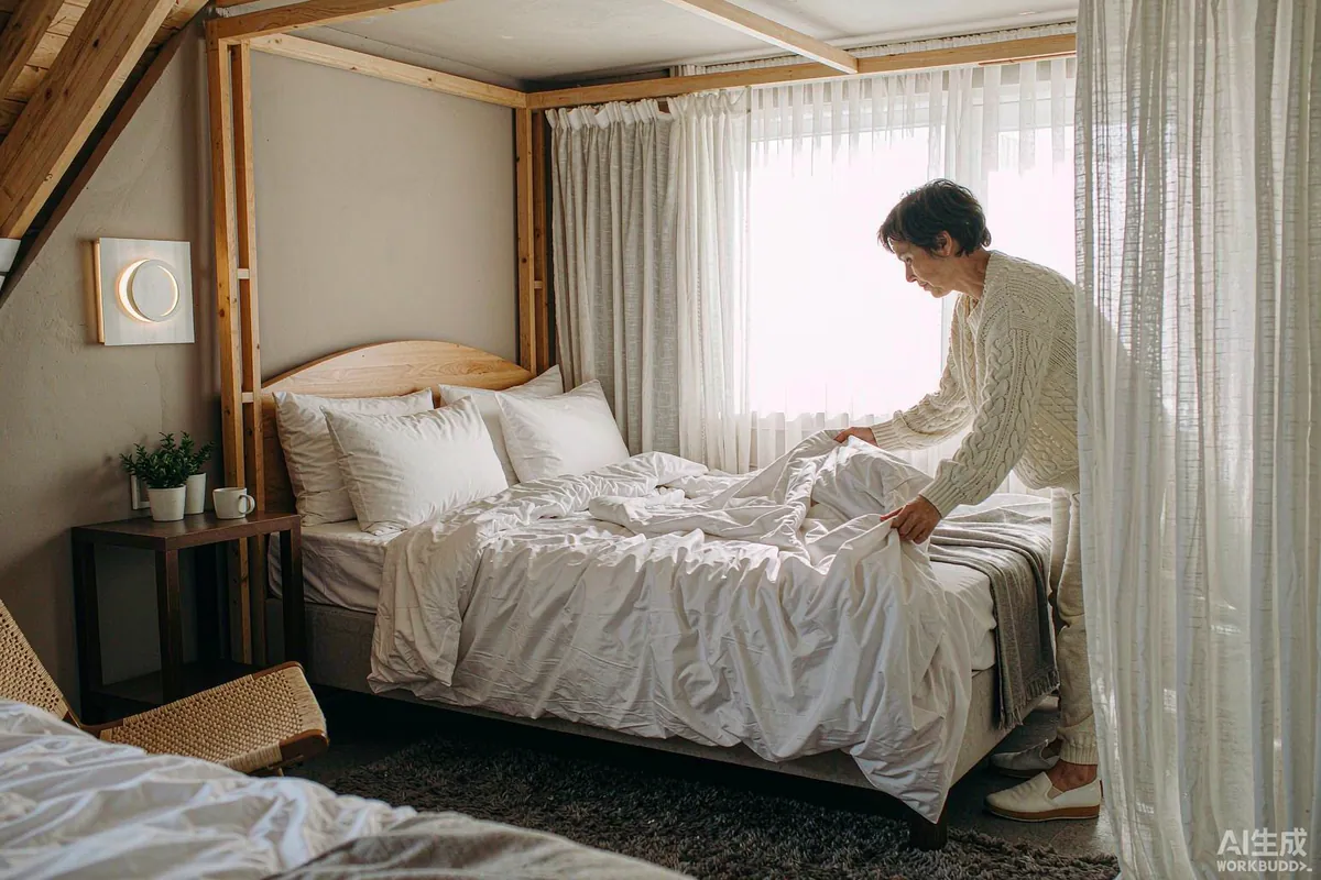 Housekeeper making a bed with fresh white linen inside a capsule home rental in morning light