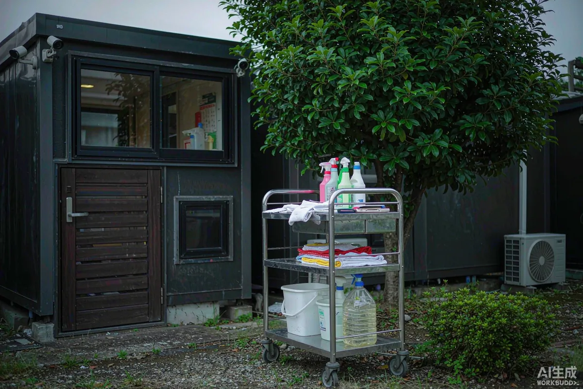 Cleaning trolley with folded towels and supplies outside a capsule home rental entrance