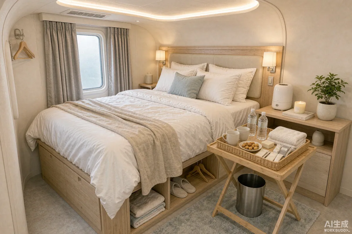 Capsule home rental staged for arriving guests with a made bed and welcome tray