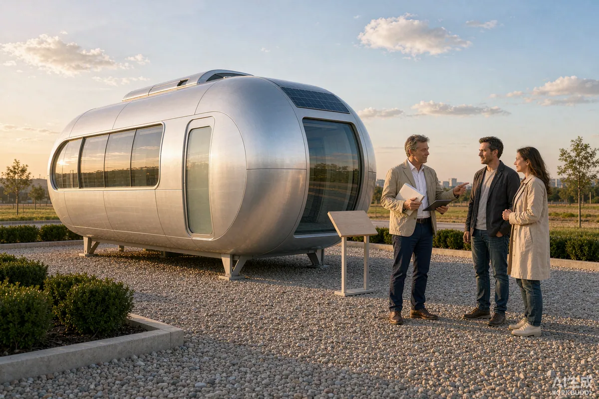 Capsule home on a display lot being shown to a couple by an agent