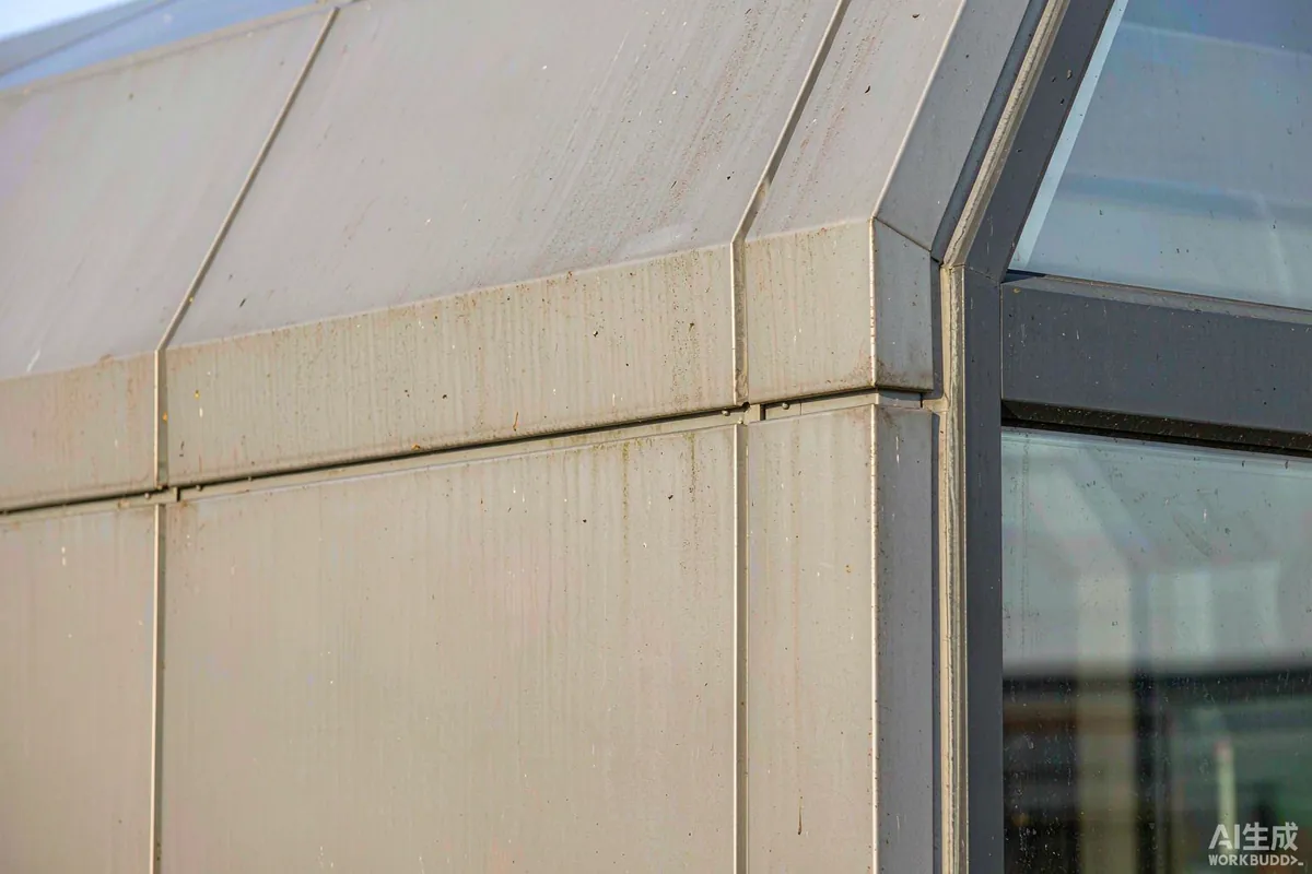 Close-up of well maintained capsule home cladding and glazing edge after several seasons