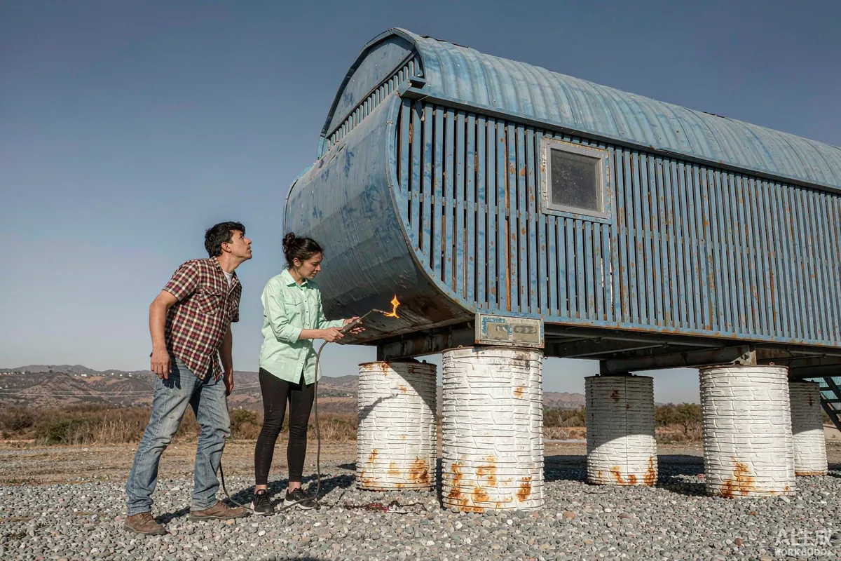 Two people inspecting the underside and support piers of a used capsule home