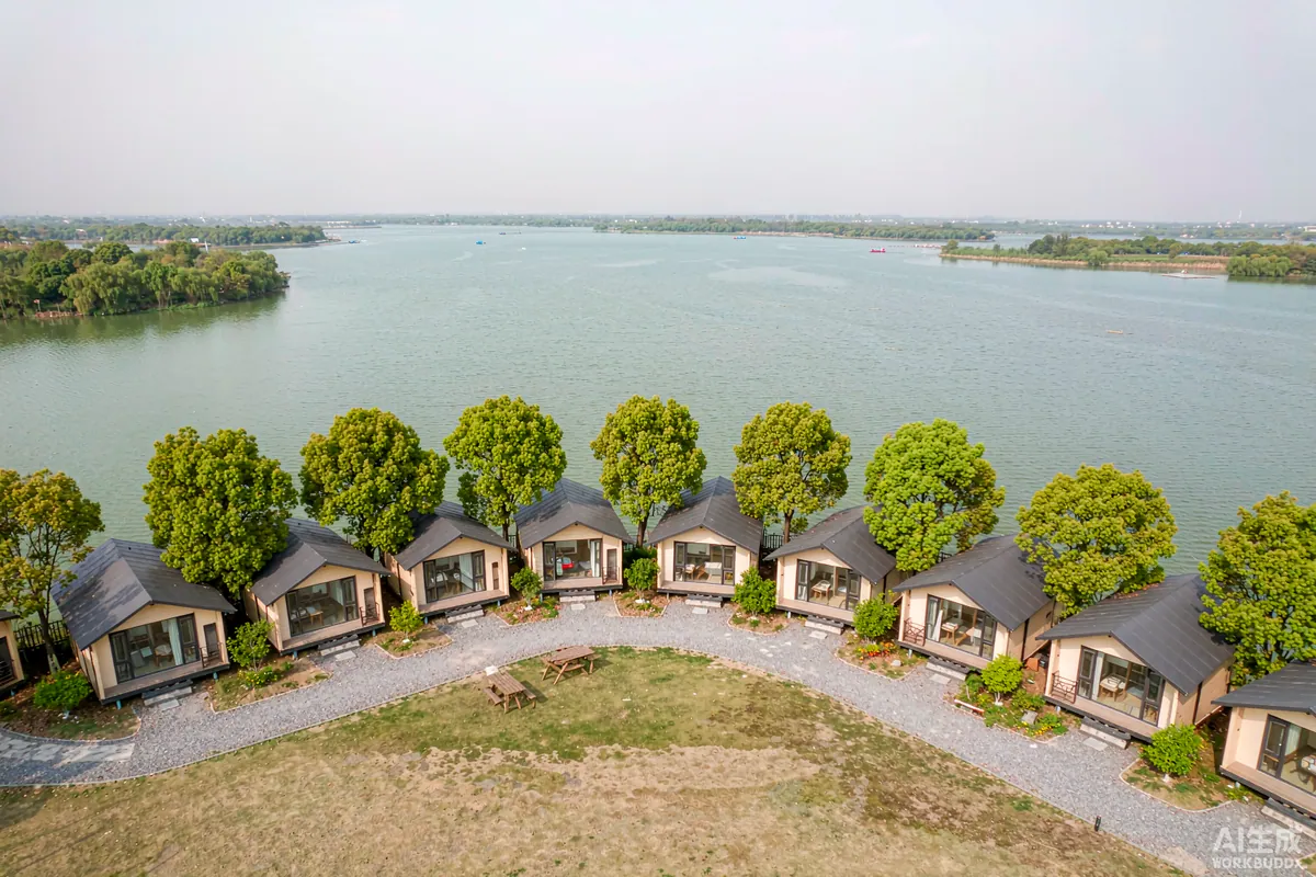 Aerial view of a resort with capsule homes spaced along a curved path facing a lake