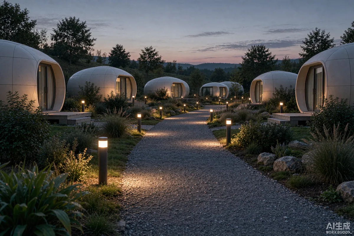 Lit gravel path with bollard lights connecting capsule homes at a small resort
