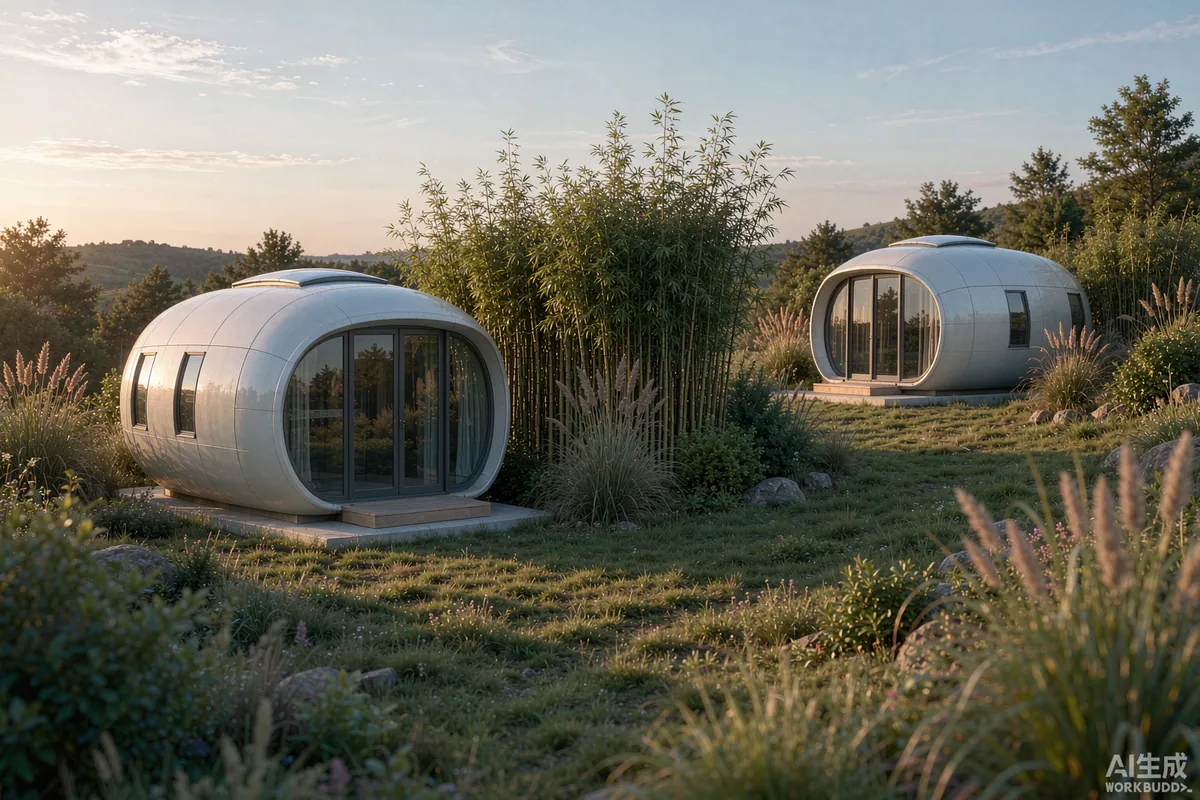 Two capsule homes spaced apart on a hillside with privacy planting between them