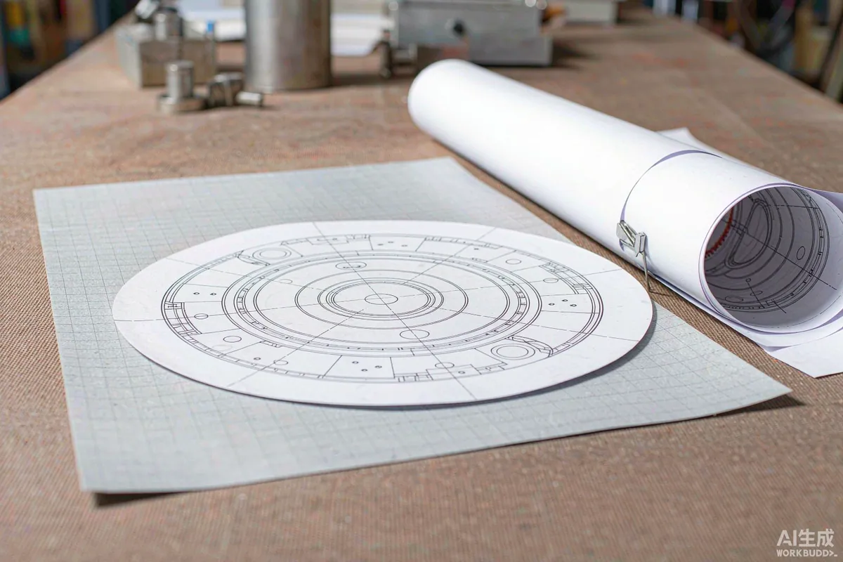 Technical specification sheet and rolled engineering drawings on a factory meeting table