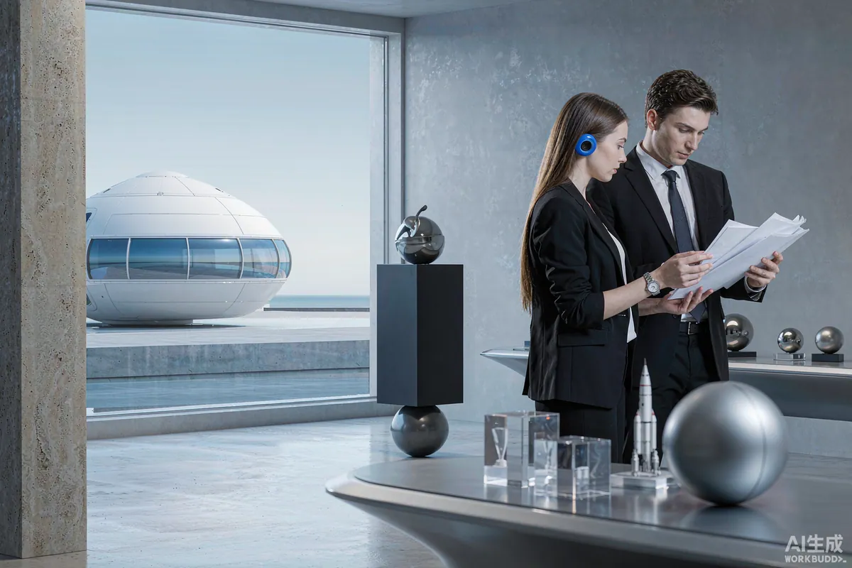 Two people reviewing printed quotation documents in a showroom beside a capsule home