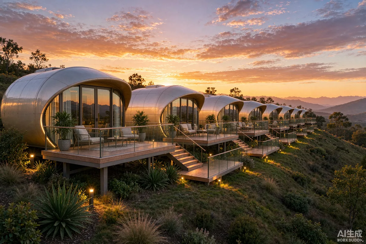 Row of capsule homes on a hillside glamping resort at golden hour