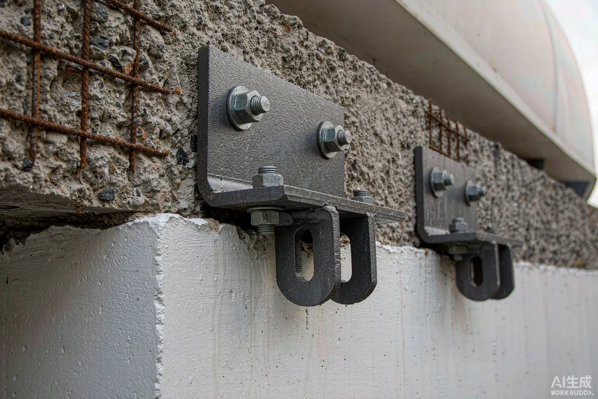 Steel anchor brackets fixing a small prefab pod to a reinforced concrete rooftop slab