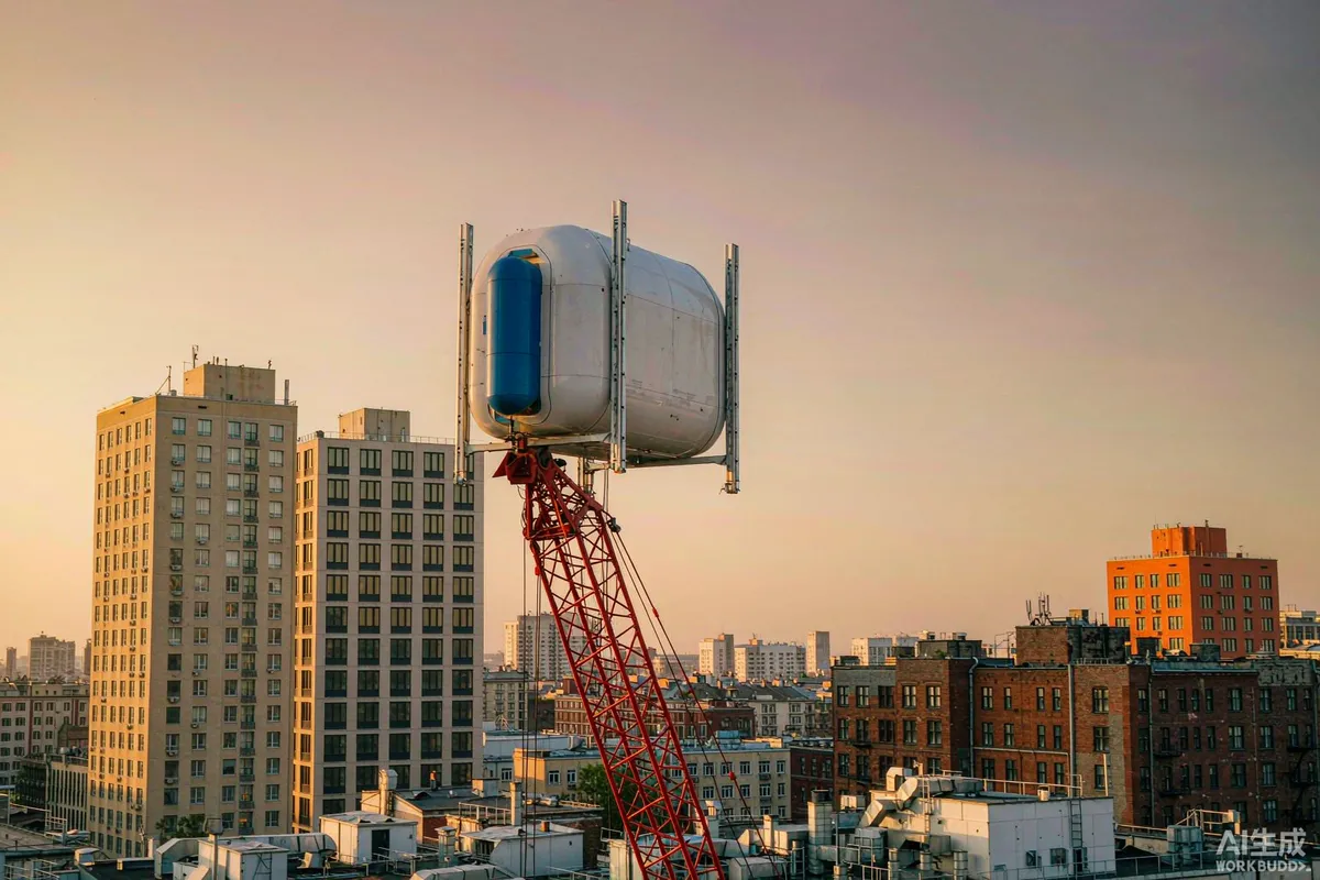 Mobile crane lifting a compact capsule module over urban rooftops at dawn