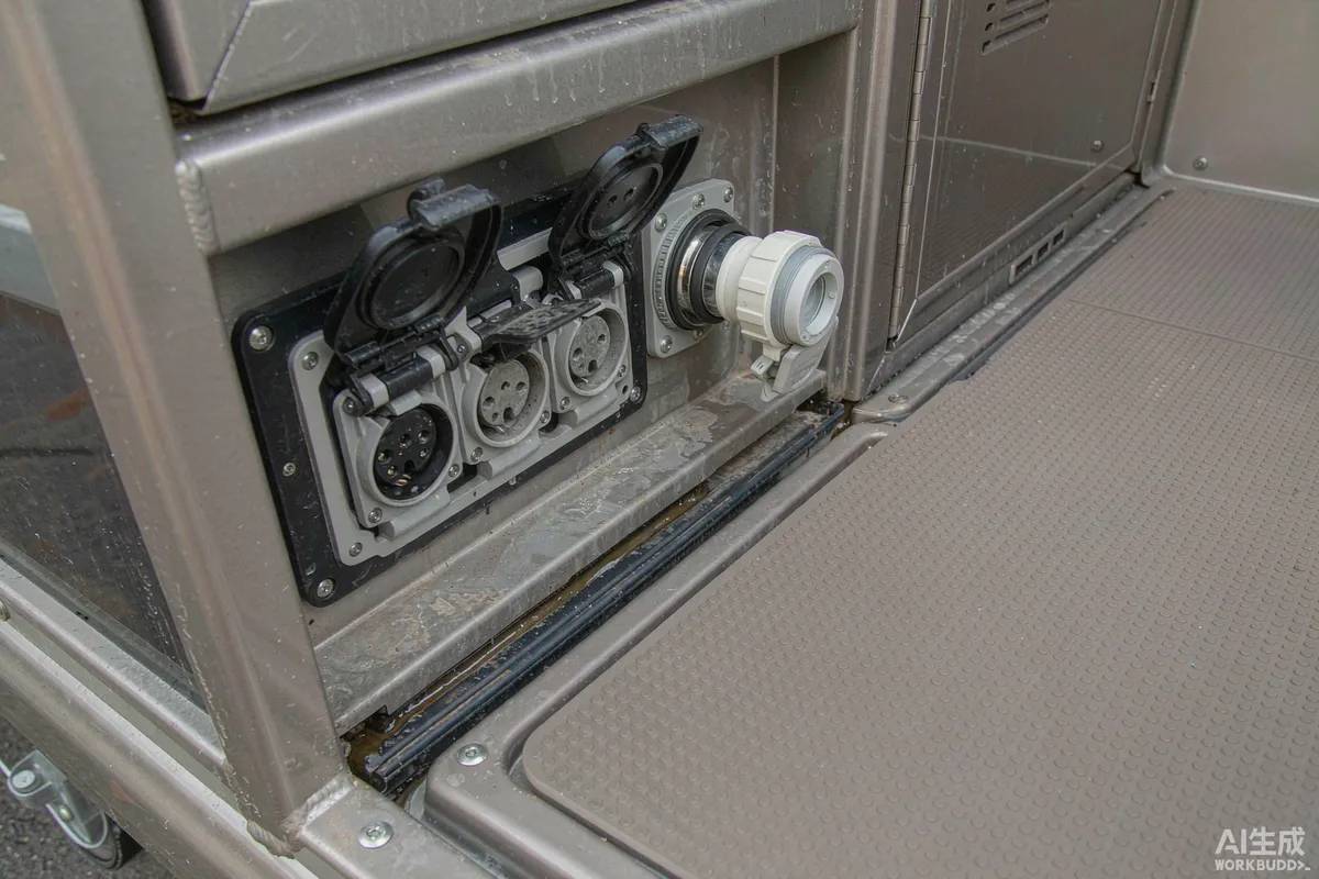 Service pedestal with power outlets and a water connection beside a small cabin deck
