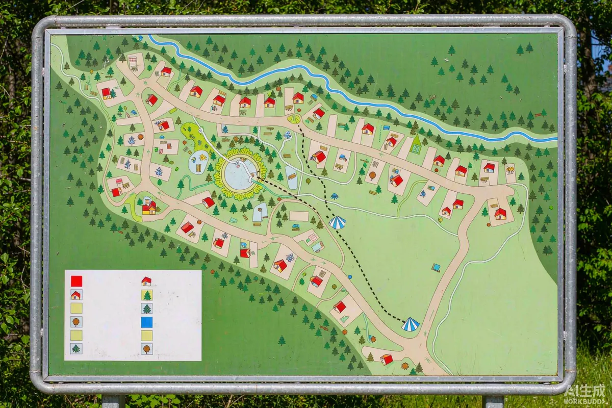 Campground information board showing cabin plots, roads and walking paths in a wooded area