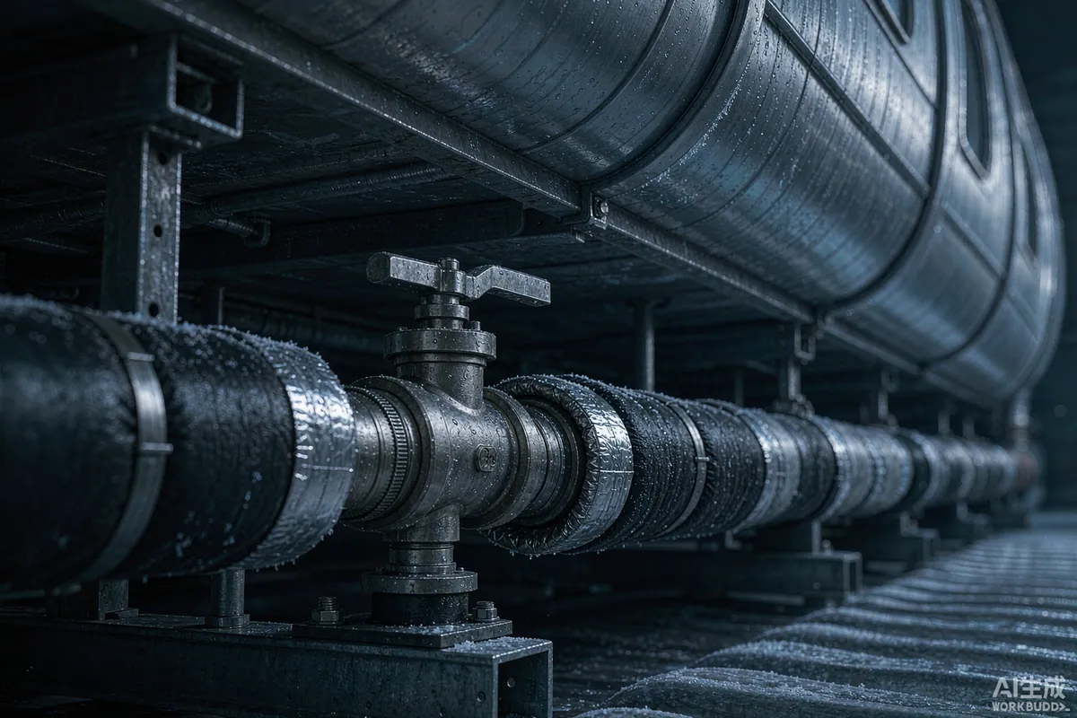 Close-up of an insulated pipe and drain valve on the underside of a capsule home