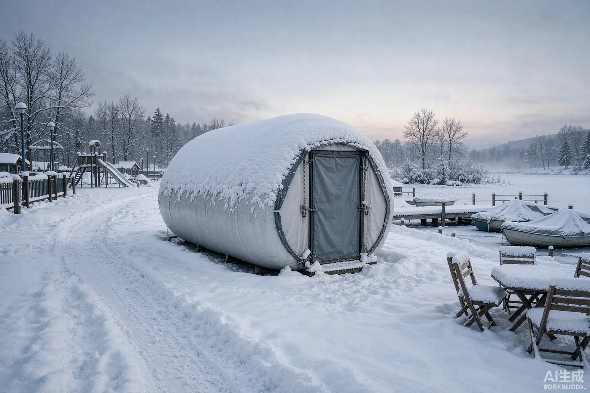 Capsule home covered in snow on a quiet seasonal site with its entrance sealed
