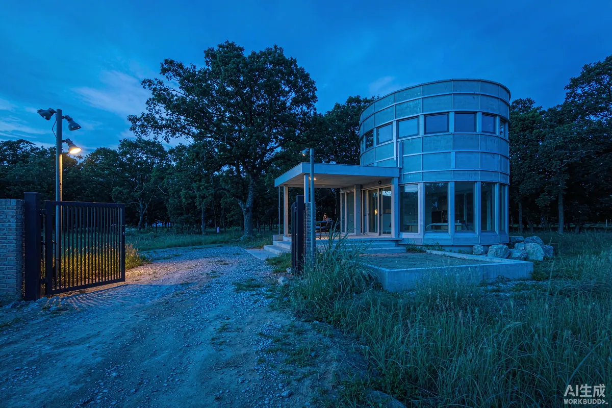 Capsule home at night with motion sensor security lighting, a locked gate and a gravel driveway