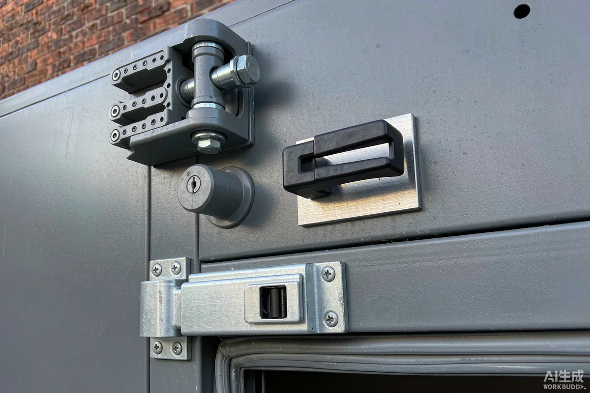 Close-up of a smart lock and reinforced door hardware on a capsule home entrance