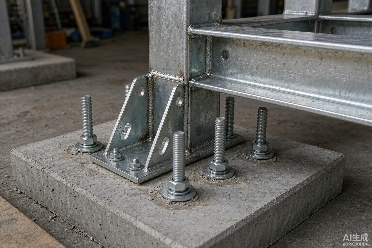 Steel base frame anchor bolts and bracket connecting a modular unit to a concrete pad