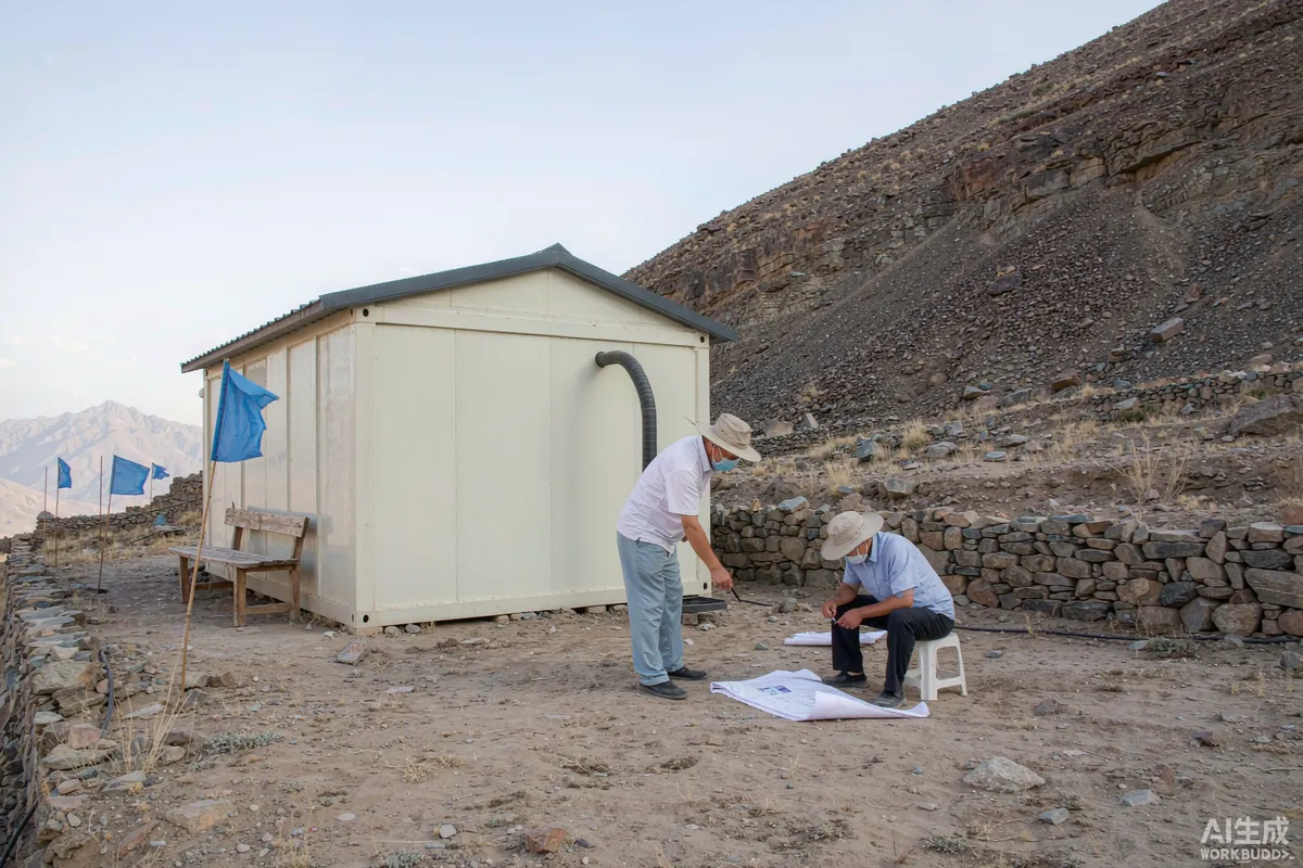 Two engineers reviewing foundation drawings outdoors on a plateau with a prefab unit behind