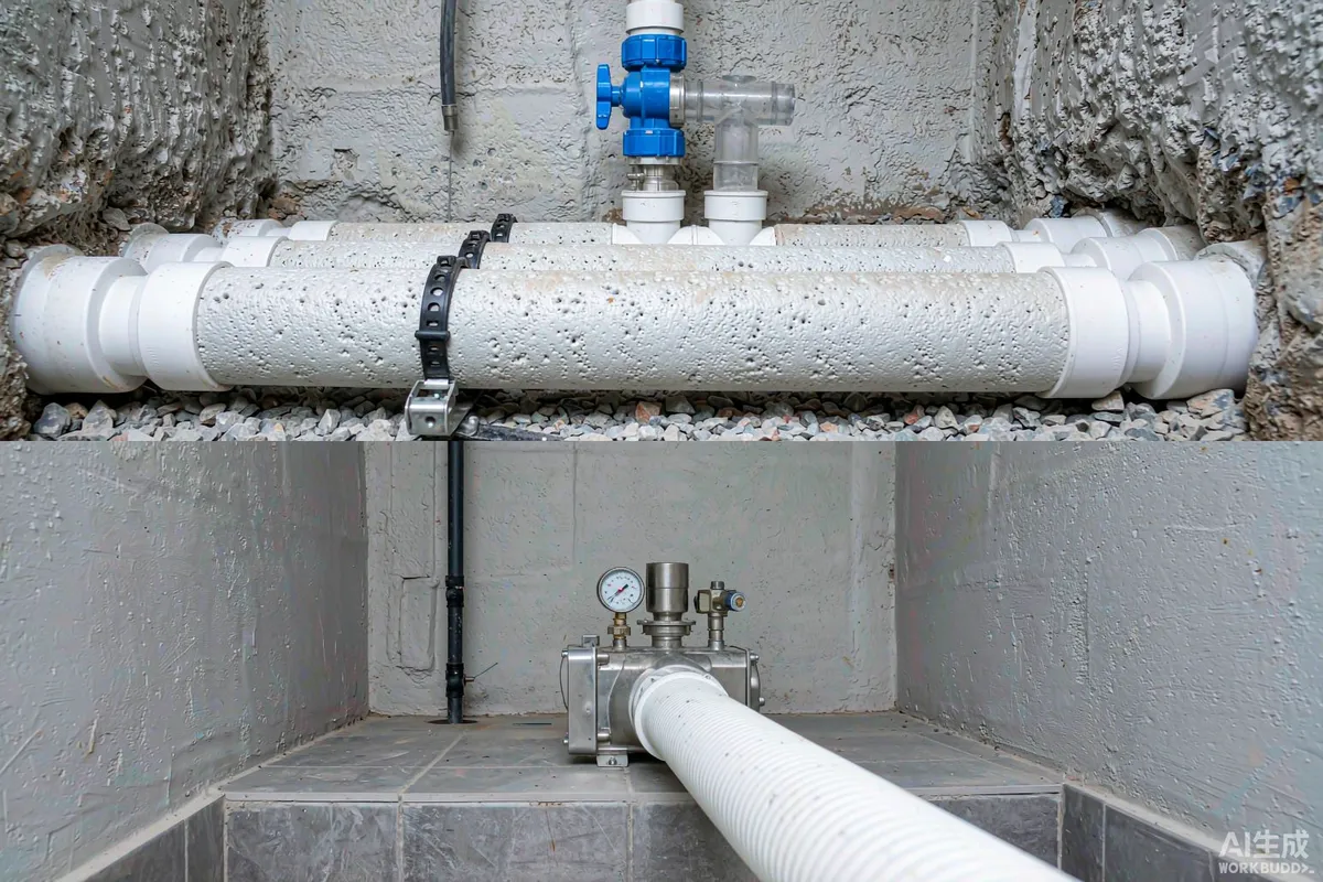 Foam insulated water pipes and a small booster pump installed in a shared plant room serving multiple prefab units