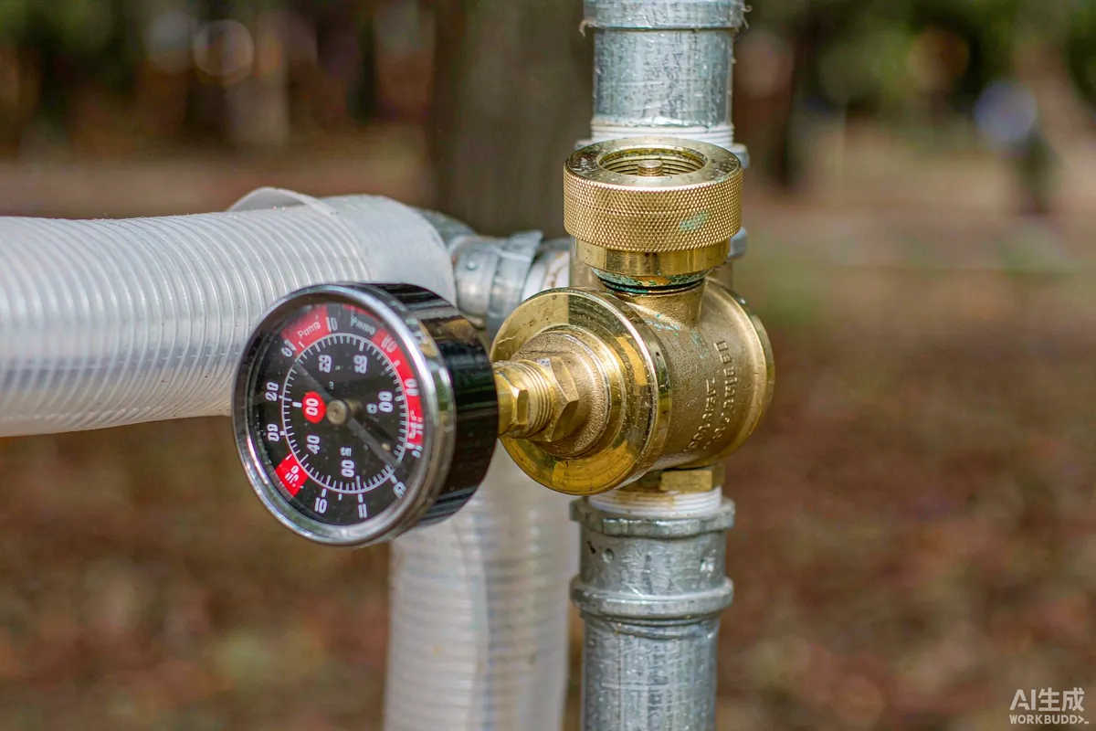 Brass pressure reducing valve with round gauge on a park water riser with insulated pipes behind