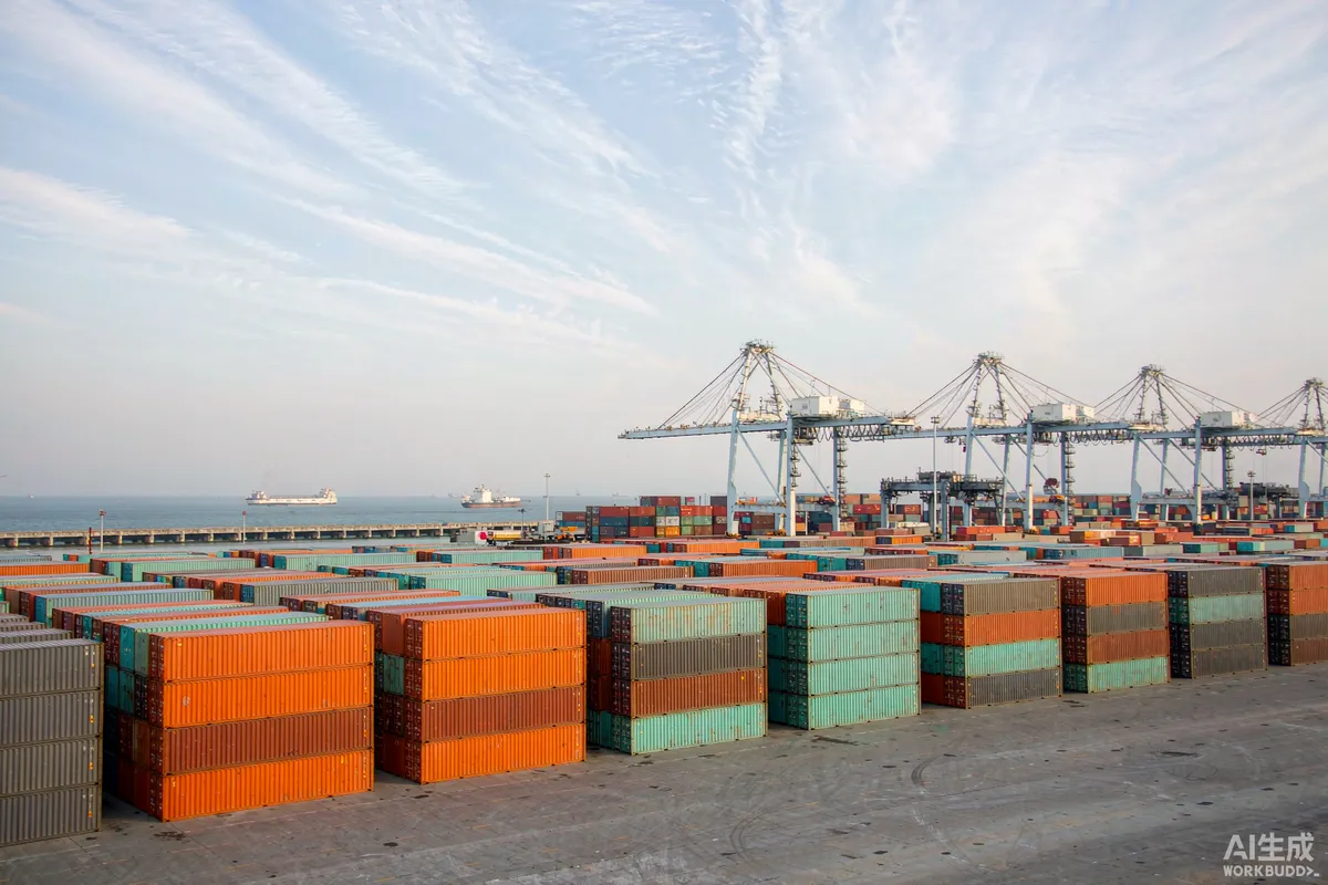 Stacked shipping containers and gantry cranes at a port yard