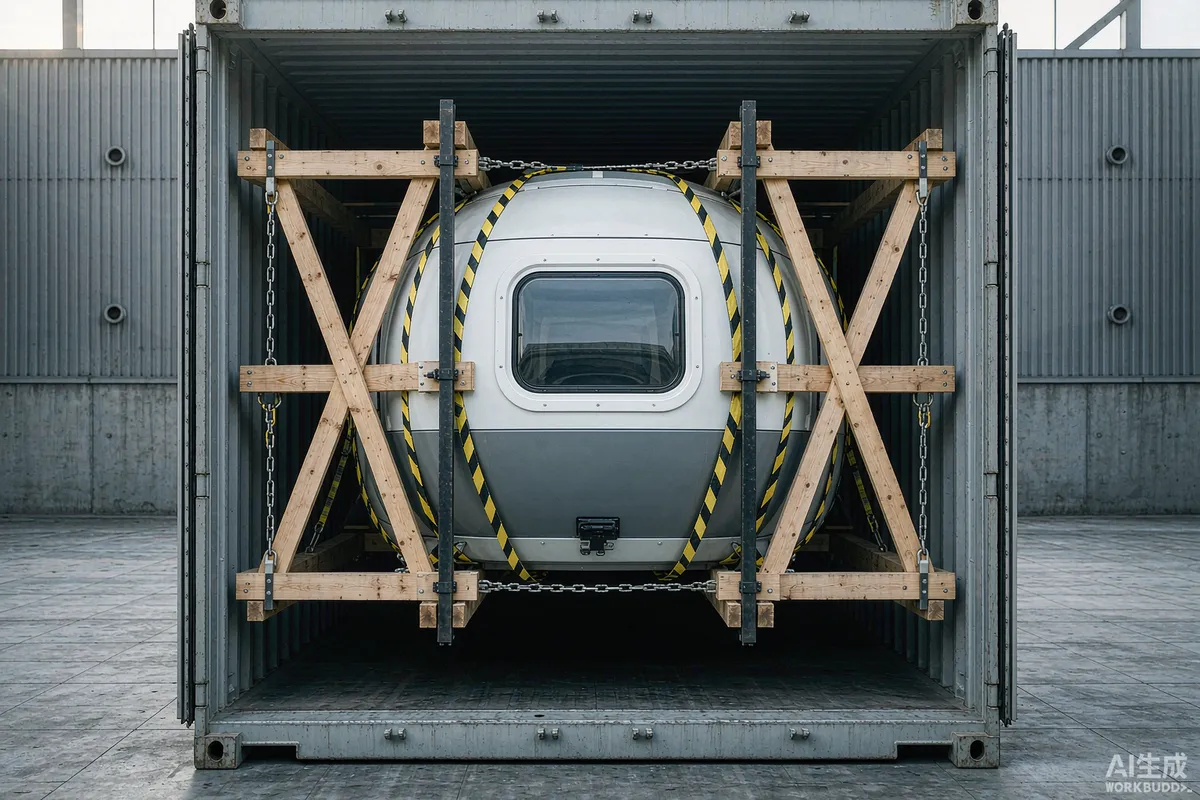 Capsule home secured inside an open shipping container with bracing and strapping