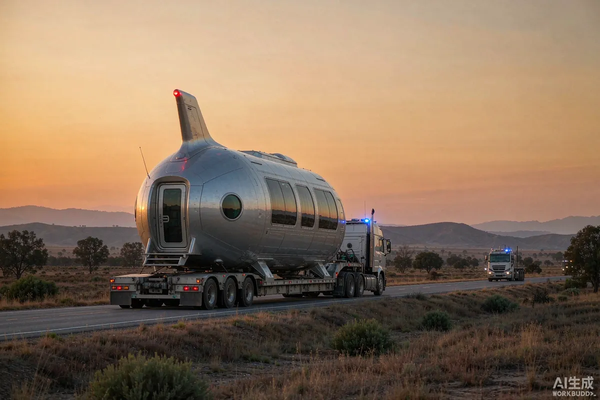 Flatbed truck transporting a capsule home along a highway at dawn