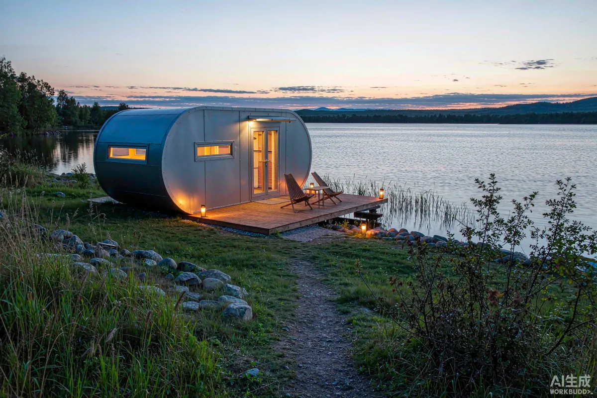 Capsule home glowing warmly at dusk on a lakeside plot prepared as a vacation rental