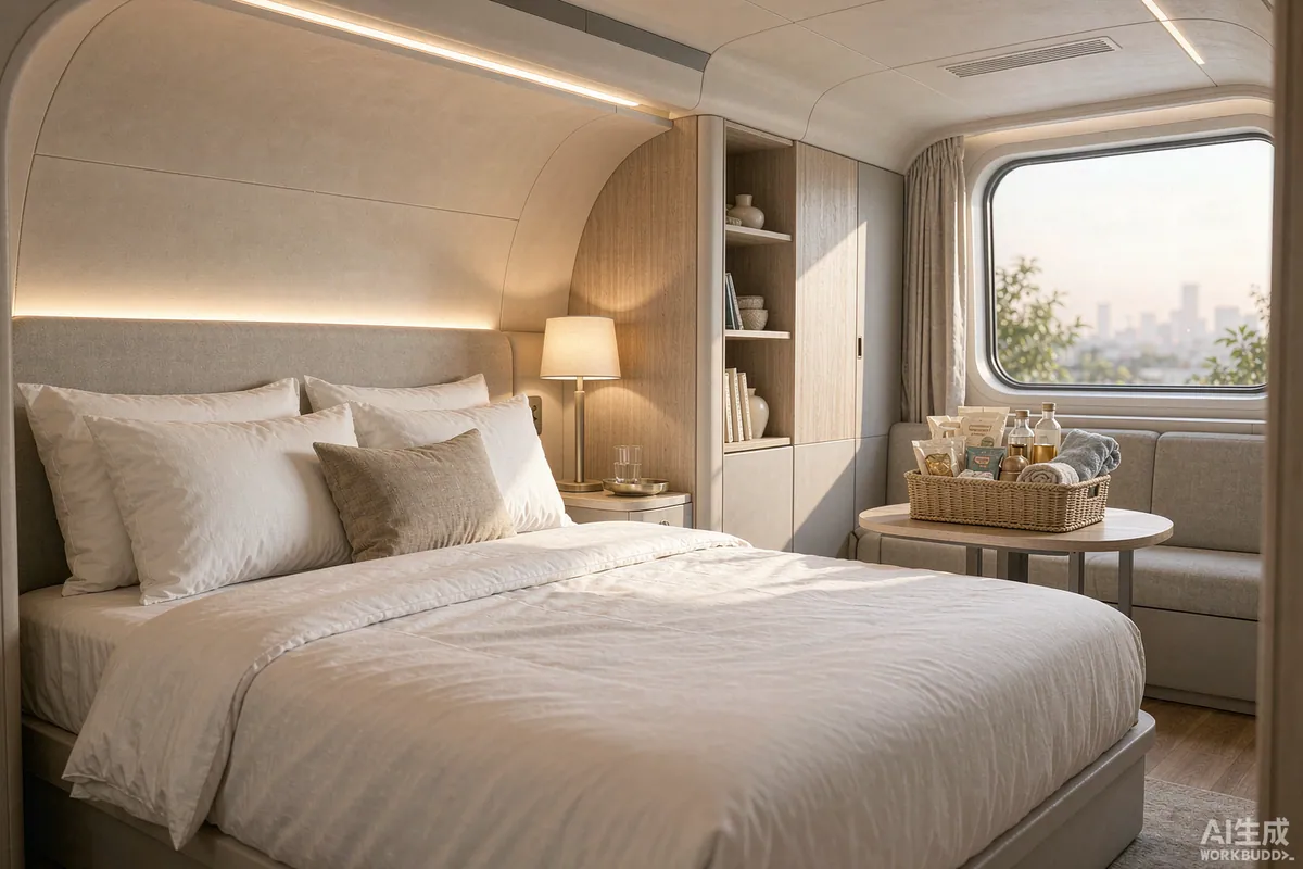 Capsule home interior staged for guests with made bed, bedside lamp and welcome basket