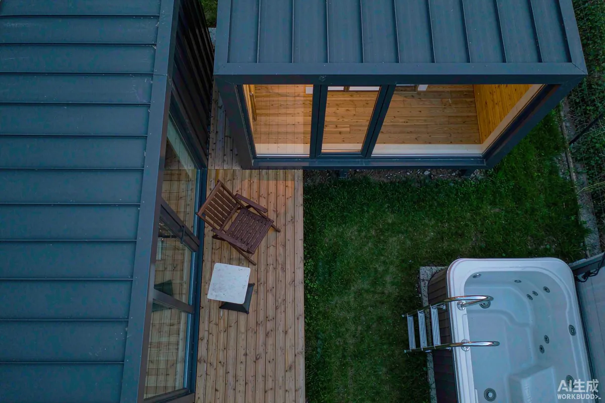 Timber deck with outdoor seating and a hot tub beside a capsule home rental
