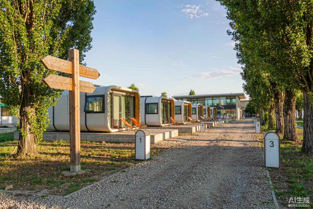 Row of prefab capsule homes at a glamping park with a timber signpost and numbered unit markers along a gravel path