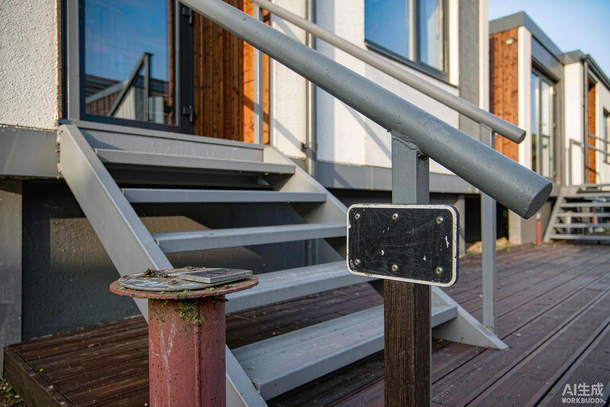 Numbered unit sign plate and solar path marker post at the entrance staircase of a capsule home