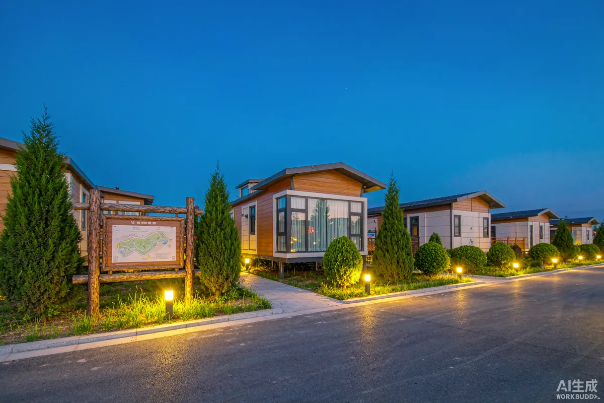 Capsule home park at dusk with illuminated path lights and a timber site map board