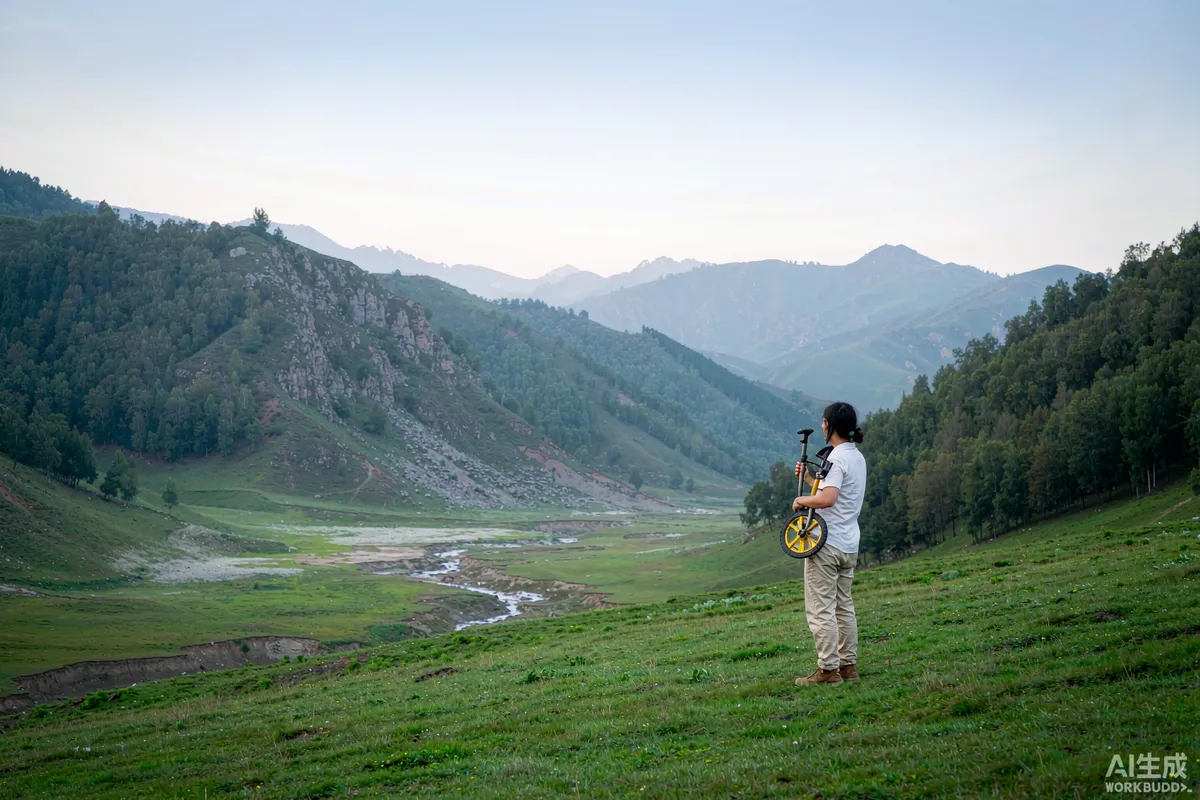 Surveyor with a measuring wheel on a grassy hillside above a valley