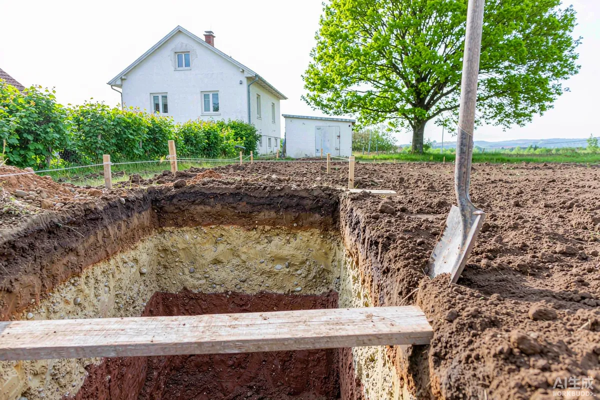 Soil test pit with visible layers beside a rural building plot