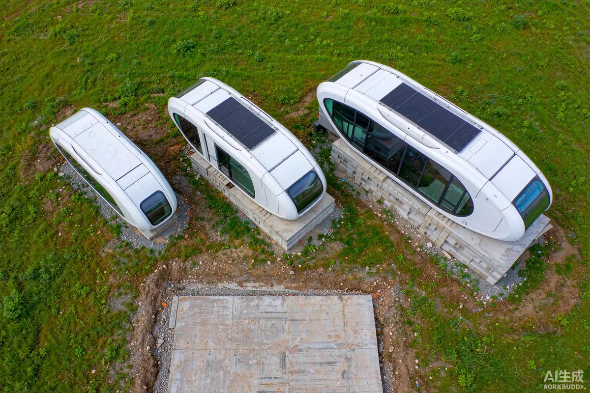 Three capsule homes of increasing size arranged side by side on a grass field