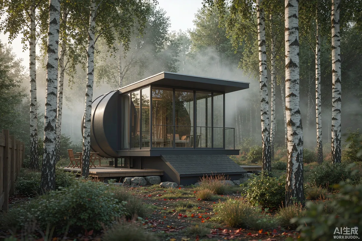 Compact capsule home nestled in a birch forest clearing