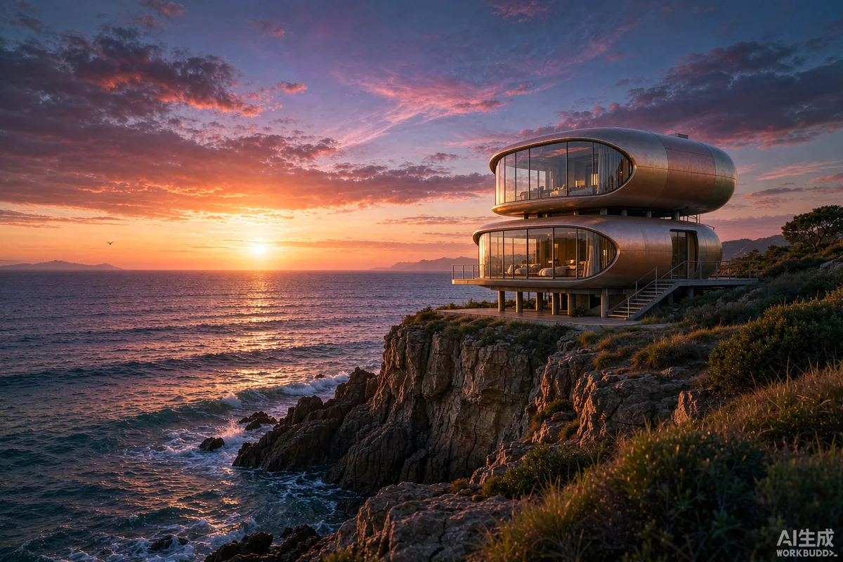 Large double-deck capsule home on a coastal cliff at sunset