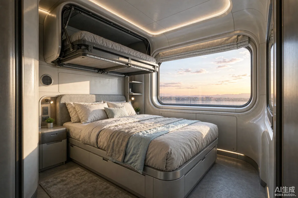 Space capsule home bedroom with a double bed and a compact fold out bunk, morning light through a panoramic window