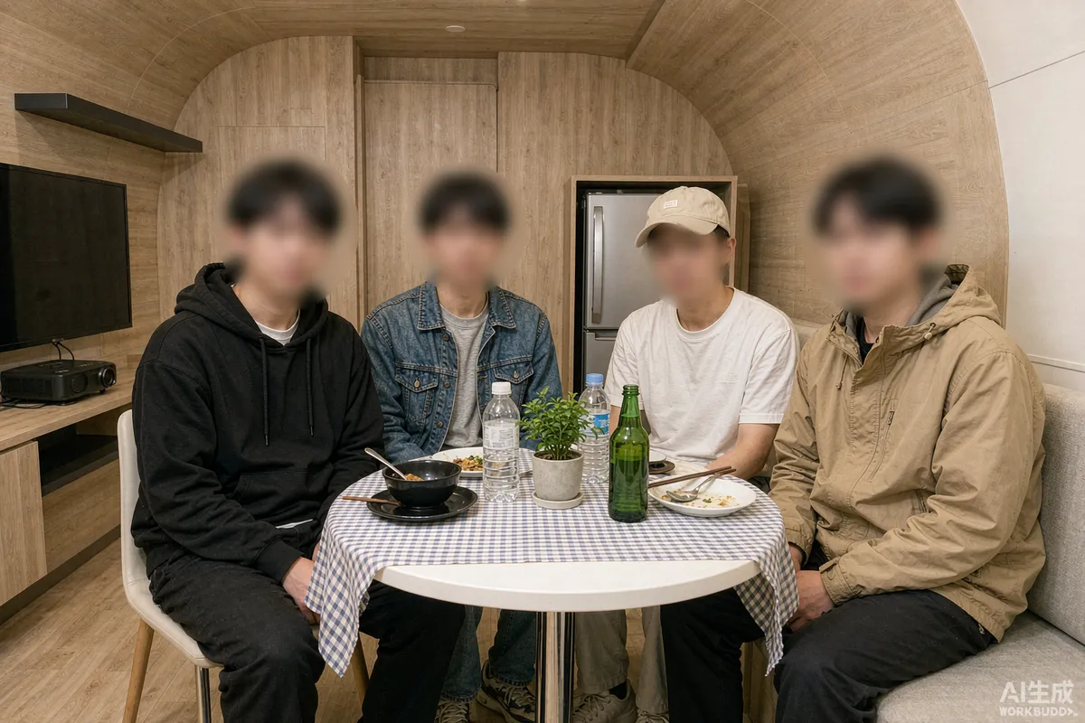 Four people seated at a small round dining table inside a prefab capsule home