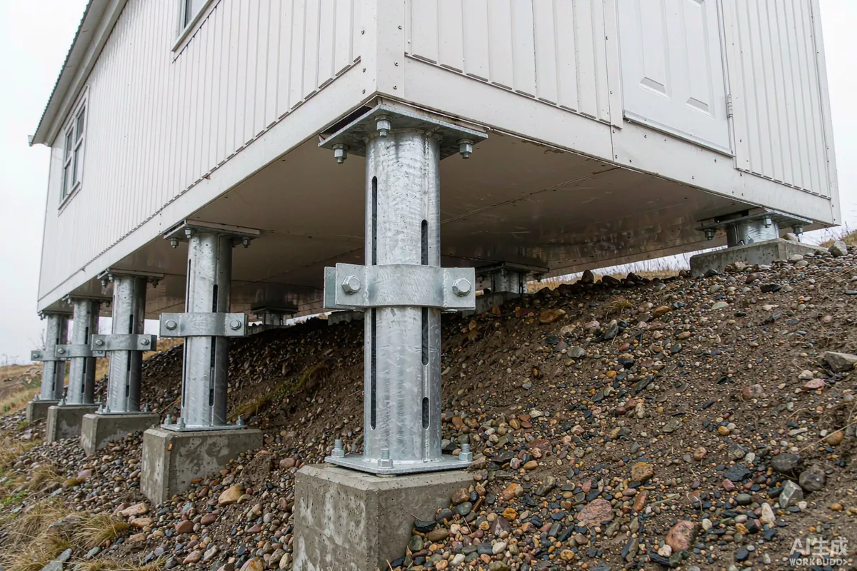 Adjustable steel piers supporting a small prefab cabin on a steep gravel slope