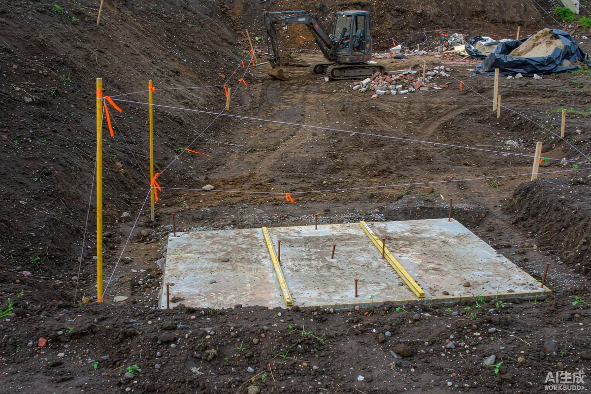 Sloped building plot surveyed with string line markers, stakes and a small excavator preparing a level pad