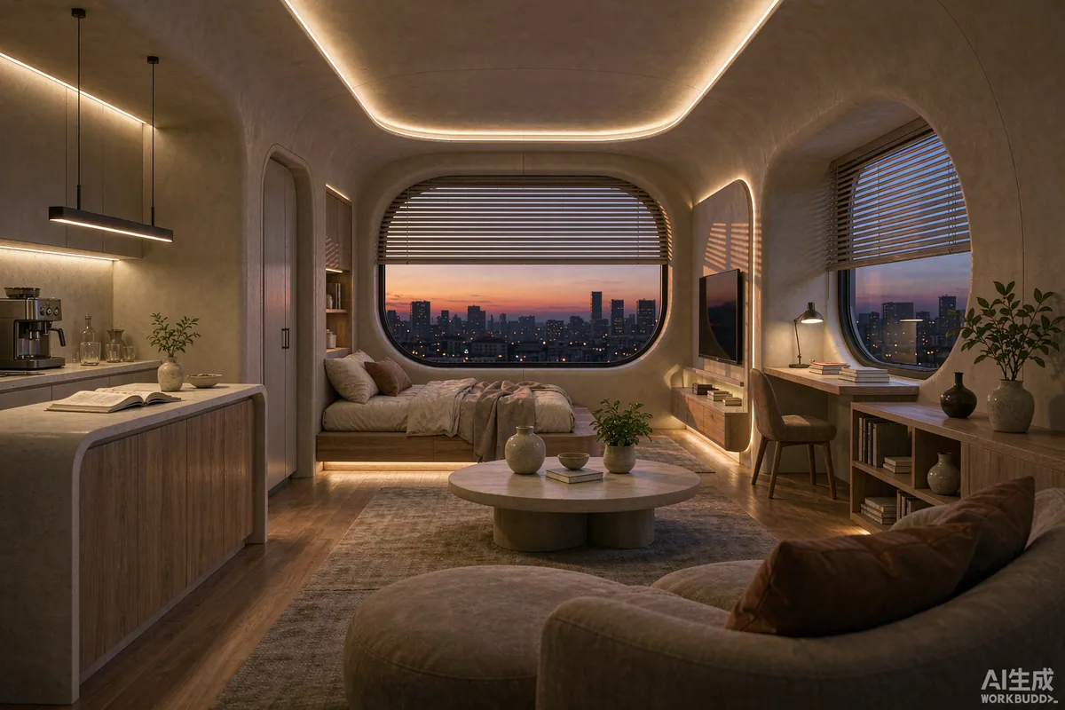 Capsule home interior at dusk with automated blinds closing and warm layered lighting