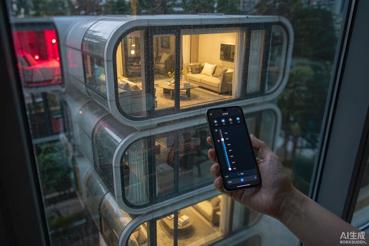 Hand holding a smartphone controlling capsule home lighting visible through a window