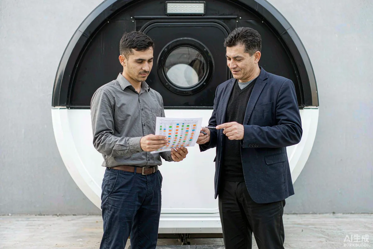 Supplier technician and site manager reviewing a printed snagging list together beside a capsule home