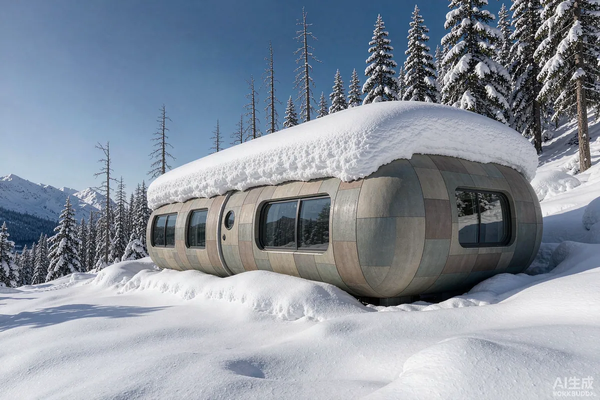 Capsule home standing in deep snow on an alpine mountain slope under a clear blue sky